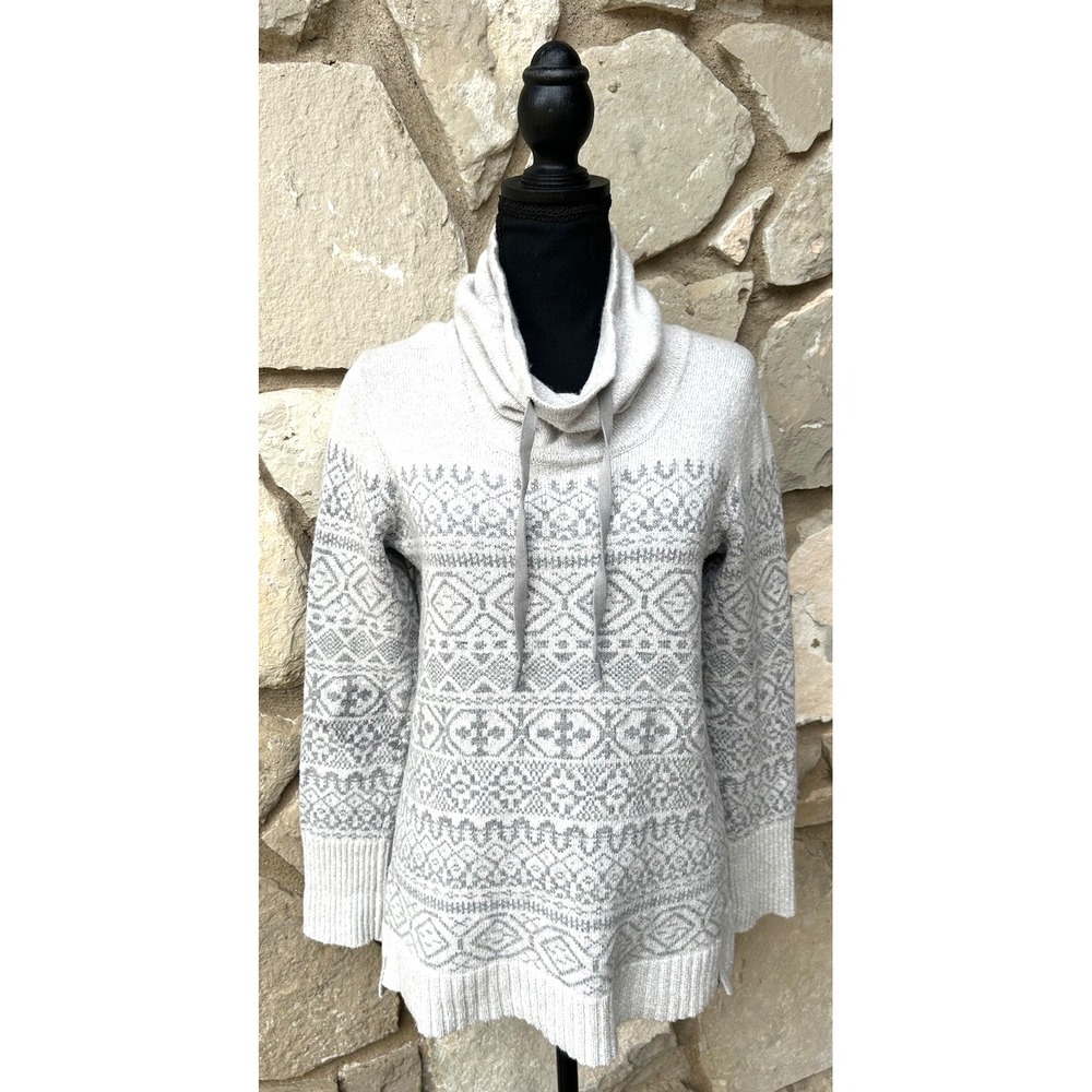 Eddie Bauer Womens Sweater Small Gray Fair Isle Turtleneck Pullover Hi Lo Hem EC